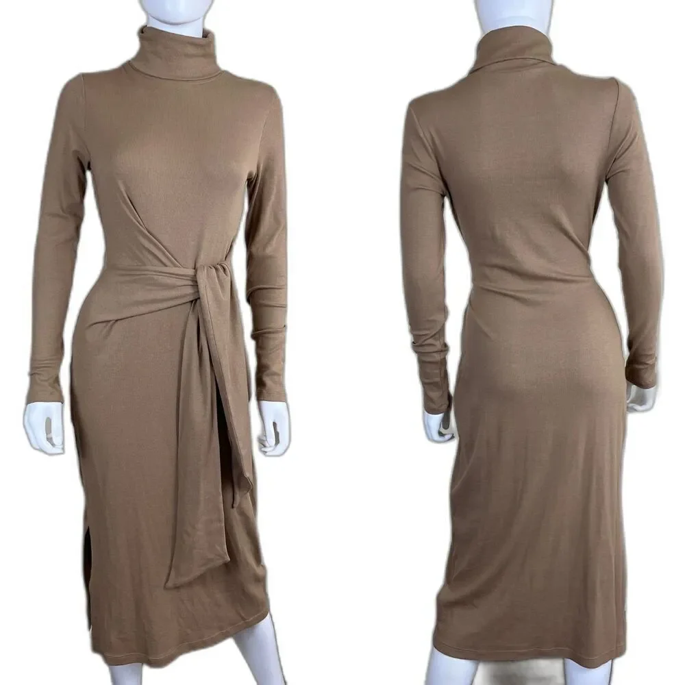 Ralph Lauren Womens Size M Camel Tie Front Turtleneck Sweater Bodycon Midi Dress